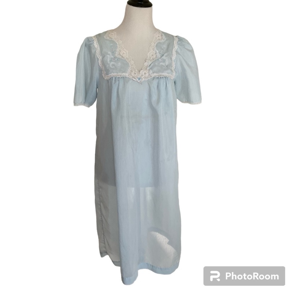 Vintage Barbizon Nightgown Pale Blue Lace Embroidery Sheer Prairie Cottagecore